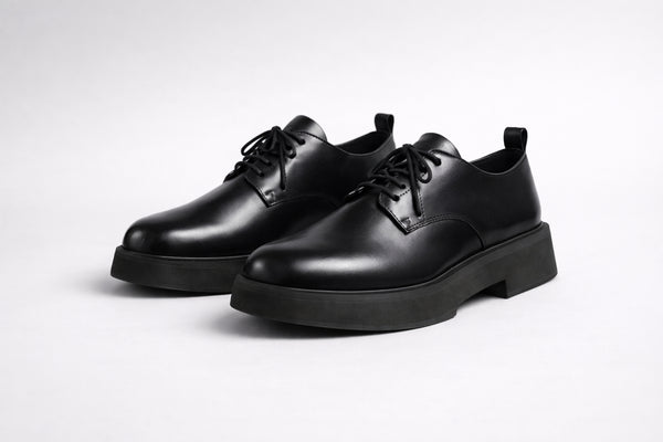 BLACK PLAIN TOE DERBY SHOES