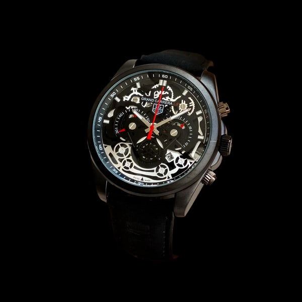 TAG Heuer Grand Carrera CR7 watch with a black dial and a black strap.